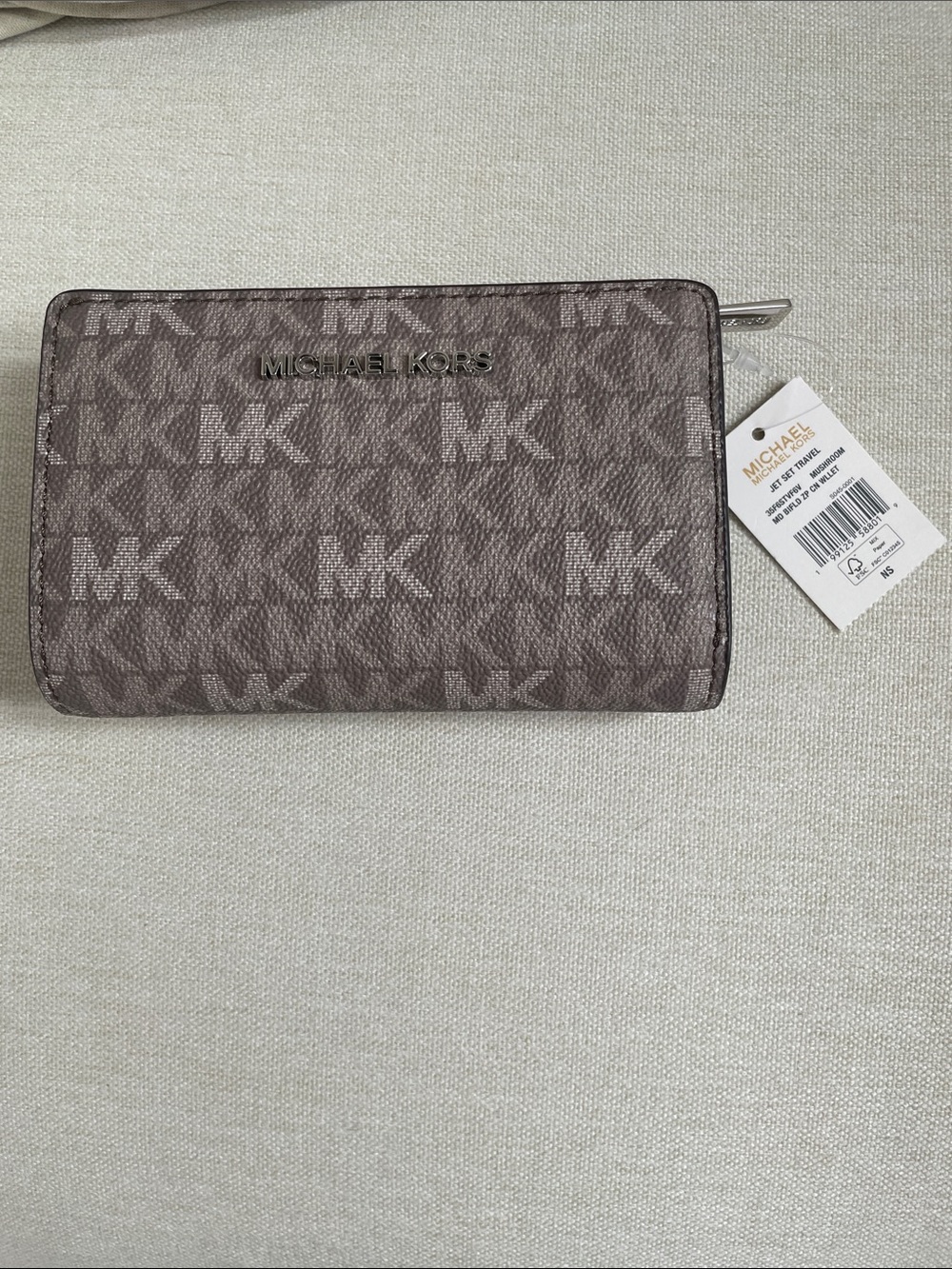 Michael Kors Taupe MK Logo Zip Around Wallet